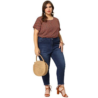 Women's Plus Denim Pants Frayed Washed Ankle Jeans with Slash Pockets