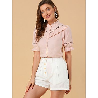 Women's Stand Collar Short Sleeve Button Down Ruffle Neck Blouse Top