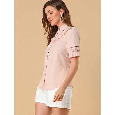 Women's Stand Collar Short Sleeve Button Down Ruffle Neck Blouse Top