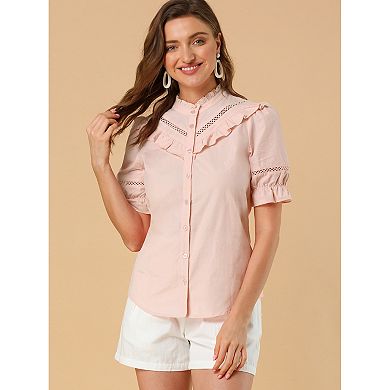 Women's Stand Collar Short Sleeve Button Down Ruffle Neck Blouse Top
