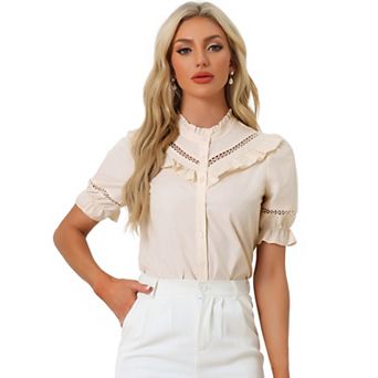 Women's Stand Collar Short Sleeve Button Down Ruffle Neck Blouse Top