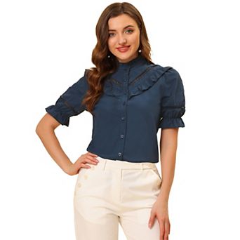Women's Stand Collar Short Sleeve Button Down Ruffle Neck Blouse Top