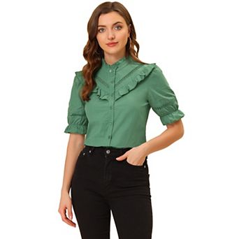 Women's Stand Collar Short Sleeve Button Down Ruffle Neck Blouse Top