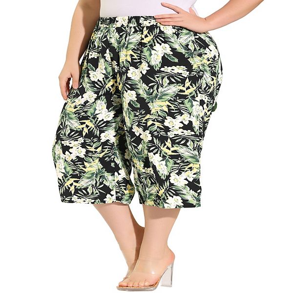 Women's Plus Trouser Floral Elastic Waist Casual Capri Pants