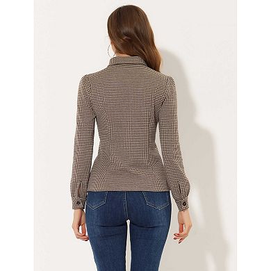 Women Houndstooth Print Choker Neck Puffy Long Sleeve Elegant Casual Blouse Top