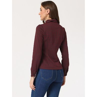 Women Houndstooth Print Choker Neck Puffy Long Sleeve Elegant Casual Blouse Top