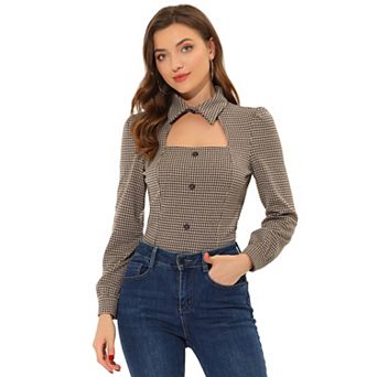 Women Houndstooth Print Choker Neck Puffy Long Sleeve Elegant Casual Blouse Top