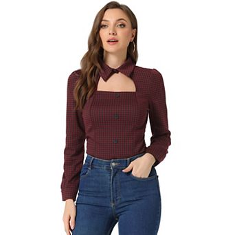 Women Houndstooth Print Choker Neck Puffy Long Sleeve Elegant Casual Blouse Top