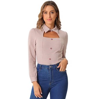 Women Houndstooth Print Choker Neck Puffy Long Sleeve Elegant Casual Blouse Top