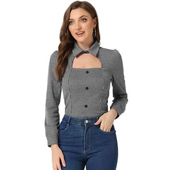 Women Houndstooth Print Choker Neck Puffy Long Sleeve Elegant Casual Blouse Top