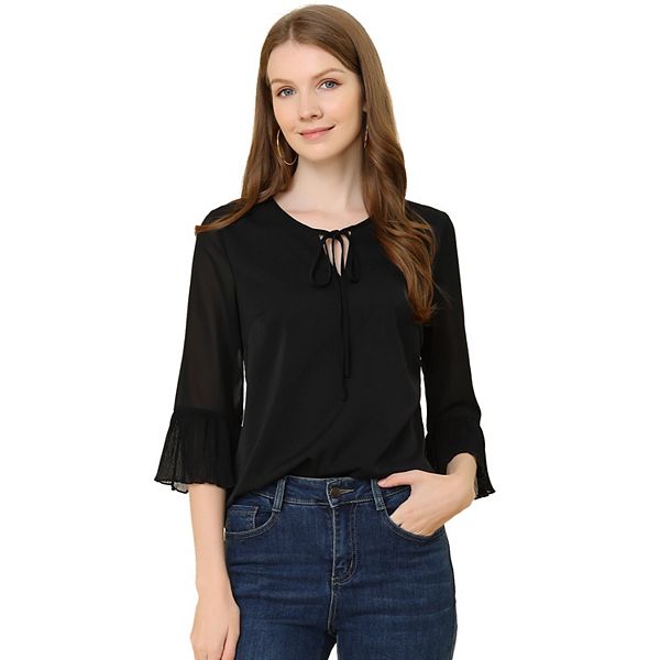 Women's 3/4 Puffy Flared Sleeve Tops Bow Tie Collar Chiffon Blouses