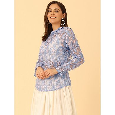 Women's Crochet Lace See Through Floral Ruffle Neck Blouse