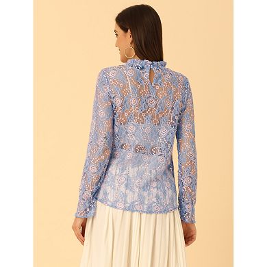 Women's Crochet Lace See Through Floral Ruffle Neck Blouse