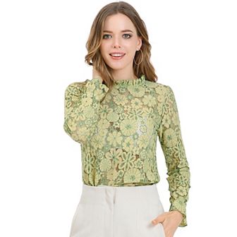 Women's Crochet Lace See Through Floral Ruffle Neck Blouse