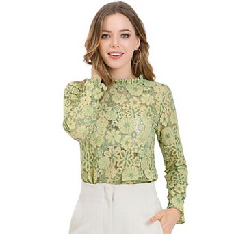 Women's Crochet Lace See Through Floral Ruffle Neck Blouse