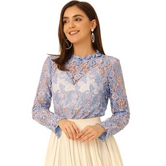Women's Crochet Lace See Through Floral Ruffle Neck Blouse