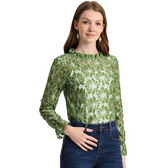Women's Crochet Lace See Through Floral Ruffle Neck Blouse