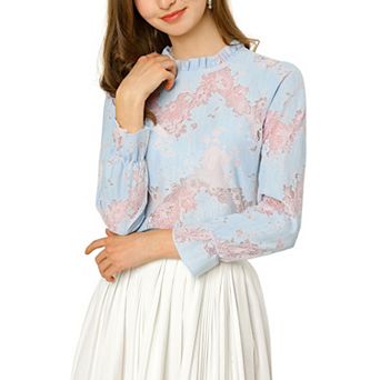 Women's Crochet Lace See Through Floral Ruffle Neck Blouse