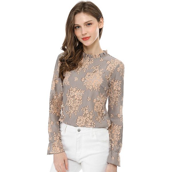 Women's Crochet Lace See Through Floral Ruffle Neck Blouse