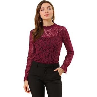 Women's Crochet Lace See Through Floral Ruffle Neck Blouse