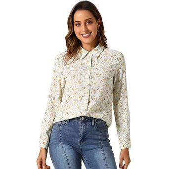 Women's Button Down Long Sleeve Ditsy Floral Shirt Beige Pink X SMALL