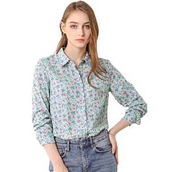 Women's Button Down Long Sleeve Ditsy Floral Shirt Beige Pink X SMALL