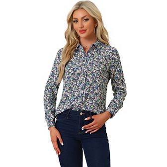 Women's Button Down Long Sleeve Ditsy Floral Shirt