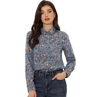 Women's Button Down Long Sleeve Ditsy Floral Shirt