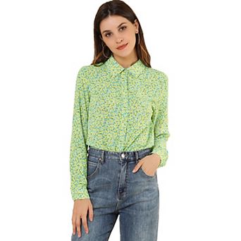 Women's Button Down Long Sleeve Ditsy Floral Shirt Beige Pink X SMALL