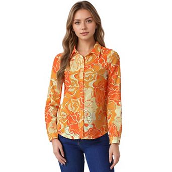 Women's Button Down Long Sleeve Ditsy Floral Shirt Beige Pink X SMALL