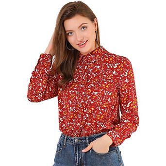 Women's Button Down Long Sleeve Ditsy Floral Shirt Beige Pink X SMALL