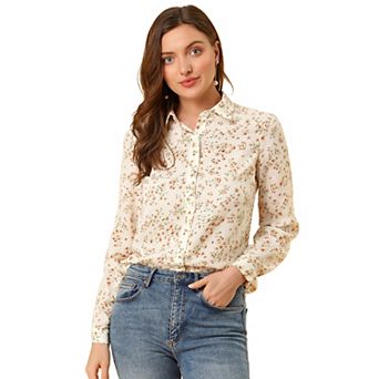 Women's Button Down Long Sleeve Ditsy Floral Shirt Beige Pink X SMALL