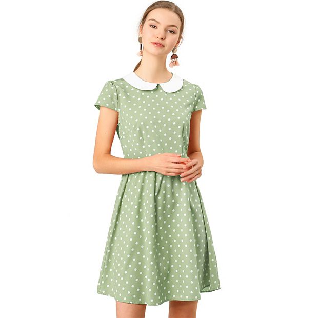green emerald velvet dress KARLIE: Green Floral Stripe Embroidered Peter Pan Collar Dress M