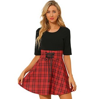 Women's Round Neck Lace Up High Waist Short Sleeves A-Lined Plaid Dress