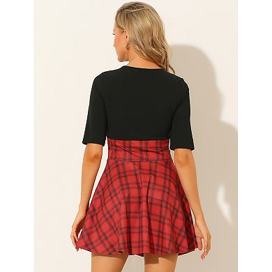 Women's Round Neck Lace Up High Waist Short Sleeves A-Lined Plaid Dress