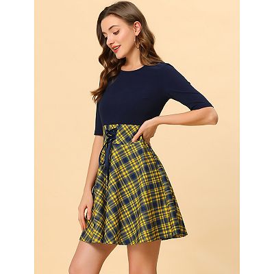 chinese dress ladies 225743 Lace-Up Denim Plaid Patchwork Dress  Sacred Threads, Inc