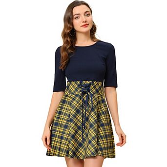 Women's Round Neck Lace Up High Waist Short Sleeves A-Lined Plaid Dress