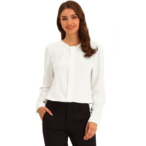 Women's Mock Neck Blouse Long Sleeve Pleated Office Work Shirt