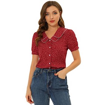 Women's Polka Dots Peter Pan Collar Short Sleeve Summer Shirt Top