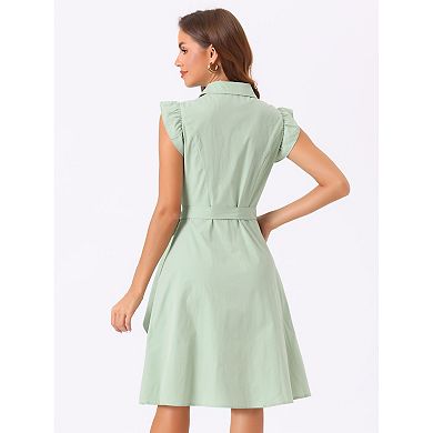 Women's Work Ruffled Sleeve Button Down Belted Knee Length Shirt Dress