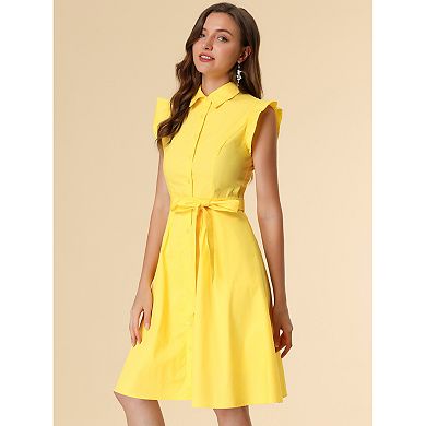 Women's Work Ruffled Sleeve Button Down Belted Knee Length Shirt Dress