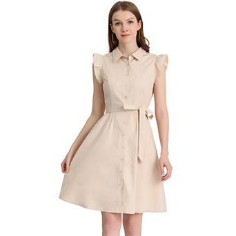 Women's Work Ruffled Sleeve Button Down Belted Knee Length Shirt Dress