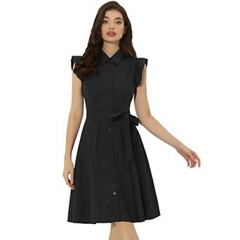 Women's Work Ruffled Sleeve Button Down Belted Knee Length Shirt Dress