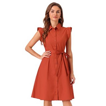 Women's Work Ruffled Sleeve Button Down Belted Knee Length Shirt Dress