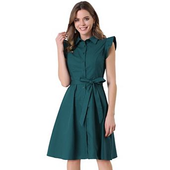 Women's Work Ruffled Sleeve Button Down Belted Knee Length Shirt Dress