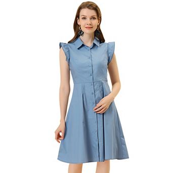 Women's Work Ruffled Sleeve Button Down Belted Knee Length Shirt Dress
