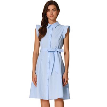 Women's Work Ruffled Sleeve Button Down Belted Knee Length Shirt Dress