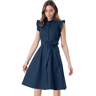 Women's Work Ruffled Sleeve Button Down Belted Knee Length Shirt Dress