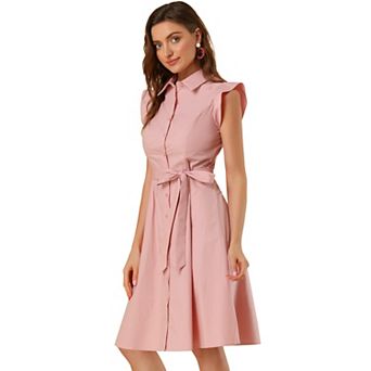 Women's Work Ruffled Sleeve Button Down Belted Knee Length Shirt Dress