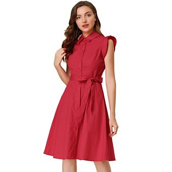 Women's Work Ruffled Sleeve Button Down Belted Knee Length Shirt Dress